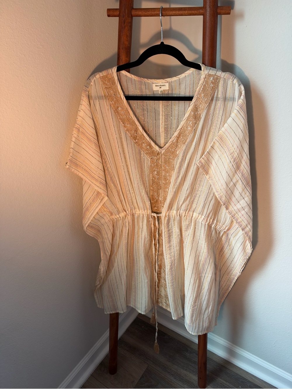 Cost Plus World Market Cream and Tan V-Neck Drawstring Tunic